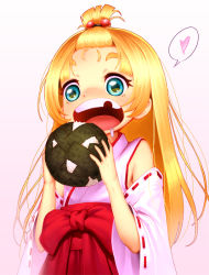 Rule 34 | 1girl, bangs pinned back, bare shoulders, blonde hair, blue eyes, bow, child, chyko7080, detached sleeves, drooling, eyebrows, food, foodgasm, forehead, hair bobbles, hair bow, hair ornament, heart, japanese clothes, long hair, miko, missing tooth, nontraditional miko, onigiri, open mouth, original, pink background, ribbon-trimmed sleeves, ribbon trim, solo, spoken heart, teeth, thick eyebrows, upper body, wide sleeves