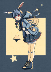 Rule 34 | 1girl, aaaabo, adapted costume, animal ears, animal hood, backpack, bag, blue hair, blue shorts, blue skirt, braid, rabbit ears, contemporary, crescent, cross-laced footwear, full body, highres, hood, long hair, looking at viewer, miniskirt, multi-tied hair, open mouth, red eyes, seiran (touhou), shorts, skirt, smile, solo, star (symbol), star print, thighhighs, touhou, twin braids