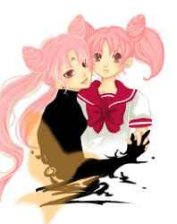 Rule 34 | 1990s (style), aged up, bishoujo senshi sailor moon, bishoujo senshi sailor moon r, black lady (sailor moon), chibi usa, crescent, crescent facial mark, double bun, dual persona, earrings, facial mark, forehead mark, hair bun, holding hands, jewelry, long hair, pink eyes, pink hair, retro artstyle, school uniform, twintails, very long hair