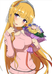 Rule 34 | 1girl, blonde hair, blunt bangs, blush, bouquet, breasts, comala (komma la), double bun, fletcher (kancolle), flower, hair bun, hair ornament, headgear, highres, holding, holding bouquet, kantai collection, long hair, long sleeves, looking at viewer, medium breasts, official alternate costume, parted lips, pink flower, purple eyes, purple flower, simple background, solo, star (symbol), star hair ornament, upper body, white background, yellow flower