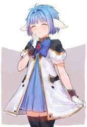 Rule 34 | 1girl, ^ ^, animal ears, black thighhighs, blue bow, blue dress, blue hair, blush, bow, brooch, c.cu, closed eyes, closed mouth, commentary request, cowboy shot, dress, galaxy angel, gloves, grey background, hand up, jacket, jewelry, mint blancmanche, pleated dress, puffy short sleeves, puffy sleeves, short hair, short sleeves, sketch, smile, solo, thighhighs, two-tone background, white background, white gloves, white jacket