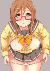 Rule 34 | 10s, 1girl, ako suke, bad id, bad pixiv id, bent over, bespectacled, blush, breasts, breasts out, brown hair, commentary, glasses, grey background, kunikida hanamaru, large breasts, long hair, looking at viewer, love live!, love live! sunshine!!, nipples, open clothes, open mouth, open shirt, panties, panty pull, pleated skirt, red-framed eyewear, school uniform, semi-rimless eyewear, serafuku, shirt, simple background, skirt, solo, under-rim eyewear, underwear, white panties, yellow eyes