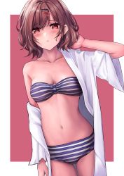Rule 34 | 1girl, :&lt;, absurdres, arm behind head, arm up, bare shoulders, bikini, blush, breasts, brown hair, cleavage, collarbone, hair ornament, hairclip, highres, higuchi madoka, idolmaster, idolmaster shiny colors, looking at viewer, mole, mole under eye, namake (nmk44300), navel, red eyes, robe, robe slip, short hair, small breasts, solo, strapless, strapless bikini, striped bikini, striped clothes, swimsuit, white robe, wide sleeves