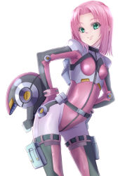 Rule 34 | 1girl, bad id, bad pixiv id, belt, bodysuit, breasts, chihiro (mahiruchin), covered erect nipples, green eyes, hands on own hips, helmet, leaning forward, original, pink hair, small breasts, solo, thigh strap
