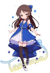 Rule 34 | 1girl, absurdres, armband, black thighhighs, blue dress, bow, breasts, brown eyes, brown hair, character signature, child, commentary, dress, frilled skirt, frills, full body, hair bow, highres, idolmaster, idolmaster cinderella girls, idolmaster cinderella girls u149, legs, long hair, looking at viewer, nakoni (solalalala), sidelocks, skirt, sleeveless, sleeveless dress, small breasts, smile, solo, sparkle, tachibana arisu, thighhighs, thighs, white background, white footwear, white skirt, zettai ryouiki