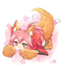 Rule 34 | 1girl, :o, animal ear fluff, animal ears, animal hands, blush stickers, bright pupils, brown eyes, chibi, claws, commentary request, fang, fate/grand order, fate (series), fox ears, fox tail, highres, japanese clothes, kimono, long sleeves, open mouth, ouhashi (yumenosukima), paw pose, pink background, simple background, solo, tail, tail wagging, tamamo (fate), tamamo cat (fate), tamamo cat (first ascension) (fate), top-down bottom-up