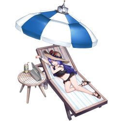 Rule 34 | 1girl, alcohol, beer, beer can, bikini, black bikini, blue hair, blush, bumcha, can, chair, deck chair, drink can, drinking straw, eyewear on headwear, full body, game cg, hat, highres, last origin, long hair, looking at viewer, lounge chair, navel, official art, open mouth, sandals, smile, solo, sun hat, sunglasses, swimsuit, table, tablet pc, tachi-e, transparent background, umbrella, wooden table, yellow eyes, yumi (last origin)