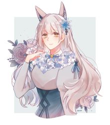 Rule 34 | 1girl, alternate costume, animal ears, artist name, black skirt, breasts, commentary, commission, cropped torso, english commentary, euphemia chevalier, flower, fox ears, fox girl, grey flower, grey rose, hair behind ear, hand on own chest, high-waist skirt, highres, indie virtual youtuber, juliet sleeves, long sleeves, looking at viewer, medium breasts, nissu, puffy sleeves, rose, second-party source, silver hair, skirt, smile, solo, virtual youtuber