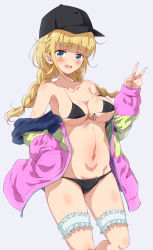 Rule 34 | 1girl, absurdres, bikini, black bikini, black hat, blonde hair, blue eyes, blunt bangs, braid, breasts, collarbone, eggman (pixiv28975023), fingernails, grey background, hand in pocket, hat, highres, jacket, long hair, long sleeves, looking at viewer, multicolored clothes, multicolored jacket, open mouth, paripi koumei, simple background, solo, standing, swimsuit, tsukimi eiko, twin braids, v