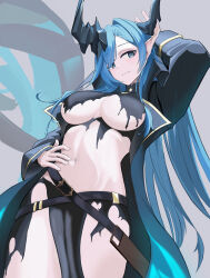 1girl absurdres aqua_eyes arm_behind_head arm_up azur_lane black_coat blue_eyes blue_hair blue_horns breasts closed_mouth coat hair_intakes highres horns large_breasts long_hair long_sleeves looking_at_viewer mary_celeste_(azur_lane) navel open_clothes open_coat pointy_ears revealing_clothes sinnas solo stomach torn_clothes