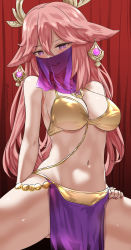 Rule 34 | 1girl, animal ears, bare shoulders, bikini, blush, breasts, cleavage, dancer, earrings, fox ears, genshin impact, highres, jewelry, large breasts, long hair, looking at viewer, mouth veil, navel, open mouth, pink hair, purple eyes, smile, solo, swimsuit, thighs, uenoryoma, veil, yae miko