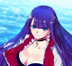 Rule 34 | 1girl, aoba (smartbeat), blue eyes, blunt bangs, breasts, cleavage, collarbone, day, earrings, fate/grand order, fate (series), jacket, jewelry, large breasts, long hair, long sleeves, looking at viewer, martha (fate), martha (swimsuit ruler) (fate), martha (swimsuit ruler) (second ascension) (fate), ocean, open clothes, open jacket, outdoors, purple hair, red jacket, smile