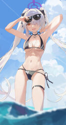Rule 34 | 1girl, armpits, arms up, bikini, black bikini, blue archive, blue sky, blurry, breasts, cloud, cloudy sky, commentary request, day, depth of field, facing viewer, grey hair, hair over one eye, halo, halterneck, highres, holding, holding removed eyewear, iori (blue archive), iori (swimsuit) (blue archive), long hair, looking ahead, navel, official alternate costume, one eye covered, open mouth, outdoors, partially underwater shot, purple halo, red eyes, side-tie bikini bottom, sky, small breasts, smile, solo, standing, sunglasses, swimsuit, thigh strap, twintails, unworn eyewear, vaineonline, very long hair, wading