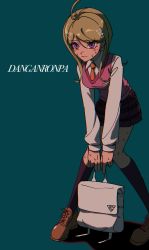 Rule 34 | 1girl, ahoge, akamatsu kaede, backpack, bag, blonde hair, blush, breasts, brown footwear, commentary request, copyright name, danganronpa (series), danganronpa v3: killing harmony, fortissimo, full body, hair ornament, highres, kneehighs, long hair, long sleeves, looking at viewer, musical note, musical note hair ornament, necktie, nzeneee, pleated skirt, school uniform, shirt, shoes, simple background, skirt, smile, socks, solo, sweat, sweater vest, v arms, white bag, white shirt