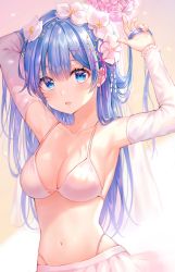 Rule 34 | absurdres, alternate costume, alternate hairstyle, armpits, arms up, bad id, bad twitter id, bare shoulders, blue eyes, blue hair, blush, bra, breasts, cleavage, collarbone, cowboy shot, detached sleeves, flower, hair between eyes, hair flower, hair ornament, hairband, highres, holding, holding own hair, jewelry, long hair, looking at viewer, medium breasts, midriff, navel, necklace, open mouth, panties, petals, pink ribbon, pleated skirt, re:zero kara hajimeru isekai seikatsu, rem (re:zero), ribbon, sidelocks, simple background, skirt, solo, standing, stomach, string panties, tokkyu, underwear, undressing, white bra, white sleeves, x hair ornament