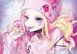 Rule 34 | 1girl, beanie, blonde hair, blue eyes, candy, card, dice, english text, facial tattoo, food, green nails, hat, heart, heart tattoo, licking, lollipop, looking at viewer, mars symbol, nail polish, neck tattoo, original, pink hair, playing card, puppeteer7777, solo, tattoo, tongue, tongue out, v-shaped eyebrows, venus symbol, zipper