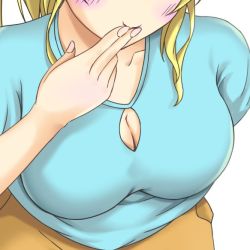 Rule 34 | 1girl, aqua shirt, artist request, ayase eli, blonde hair, blush, breasts, brown pants, cleavage, cleavage cutout, clothing cutout, collarbone, female focus, hair between eyes, hair over shoulder, long hair, looking at viewer, love live!, love live! school idol project, medium breasts, nail, nail polish, nodoca prhythm, pants, parted lips, ponytail, shirt, smile, solo, white background
