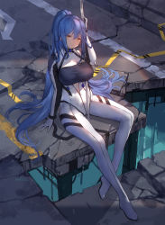 Rule 34 | 1girl, absurdres, blue hair, bodysuit, breasts, closers, collar, high heels, highres, jina grace, leaning back, legs apart, long hair, looking at viewer, pole, ponytail, sitting, skin tight, solo, spread legs, swd3e2, unzipped, white bodysuit
