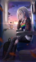 Rule 34 | 1girl, absurdres, autumn leaves, backpack, bag, black footwear, black jacket, black pants, blush, breasts, bubble tea, cellphone, cloud, commentary request, cup, disposable cup, drinking straw, earbuds, earphones, full body, highres, higuchi kaede, higuchi kaede (2nd costume), holding, holding phone, jacket, kuria (clear trip second), long hair, long sleeves, looking away, looking down, medium breasts, nijisanji, open clothes, open jacket, pants, parted lips, phone, purple eyes, shirt, shoes, silver hair, sitting, sky, solo, sunset, train interior, very long hair, virtual youtuber, white shirt