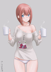 Rule 34 | 1girl, alternate costume, ark royal (kancolle), bare shoulders, blunt bangs, bob cut, clothes writing, commentary request, cowboy shot, cup, gluteal fold, grey background, highres, inverted bob, kantai collection, long sleeves, mug, off-shoulder shirt, off shoulder, panties, red hair, shirt, short hair, simple background, smile, solo, t2r, underwear, white panties, white shirt