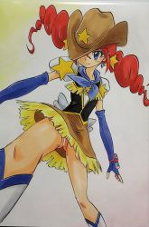 Rule 34 | 1girl, ashigaki radar, bar censor, black vest, blue eyes, blue gloves, blue neckerchief, blush, bomber girls precure, boots, bracelet, brown headwear, brown skirt, censored, cowboy hat, cowboy western, drill hair, earrings, fingerless gloves, freckles, from below, gloves, happinesscharge precure!, hat, hat over one eye, heart, highres, jewelry, neckerchief, no panties, precure, puffy sleeves, pussy, red hair, red haired cure (bomber girls precure) (happinesscharge precure!), shirt, short sleeves, skirt, smile, standing, star (symbol), twin drills, two-tone background, vest, white background, white footwear, white shirt, yellow background