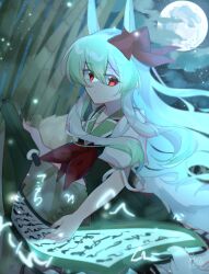 Rule 34 | 1girl, bamboo, bamboo forest, bow, collared dress, commentary request, dress, ex-keine, forest, full moon, green dress, green hair, highres, horn bow, horn ornament, horn ribbon, horns, kamishirasawa keine, long hair, moon, nature, neckerchief, puffy short sleeves, puffy sleeves, red bow, red eyes, red neckerchief, renge kanatsuki, ribbon, scroll, short sleeves, solo, touhou, very long hair, white sleeves