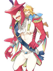 Rule 34 | blonde hair, blue shirt, blush, brown eyes, brown footwear, carrying, closed eyes, colored skin, feather hair ornament, feathers, fins, fish boy, hair ornament, highres, jewelry, link, male focus, monster boy, multicolored skin, nintendo, piggyback, pointy ears, red skin, sharp teeth, shirt, sidon, simple background, smile, teeth, the legend of zelda, the legend of zelda: breath of the wild, ttanuu., two-tone skin, white background, zora