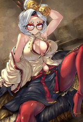 Rule 34 | 1girl, arm up, bare shoulders, black footwear, black gloves, black skirt, breasts, coat, commentary request, eyeshadow, eyewear on head, gloves, hair ornament, hair stick, headband, high heels, highres, large breasts, looking at viewer, makeup, navel, nintendo, off shoulder, pantyhose, partially unbuttoned, purah, red-framed eyewear, red eyes, red eyeshadow, red headband, red pantyhose, round eyewear, sheikah, shimure (460), shirt, short eyebrows, short hair, sitting, skirt, sleeveless, sleeveless shirt, solo, spread legs, the legend of zelda, the legend of zelda: tears of the kingdom, thick eyebrows, updo, wet, white coat, white hair, white shirt