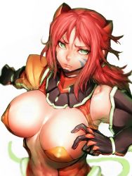 Rule 34 | &gt;:|, 1girl, :|, armpits, bare shoulders, blurry, breasts, breasts apart, center opening, cleavage, closed mouth, covered erect nipples, depth of field, facial mark, fumio (rsqkr), furrowed brow, gloves, green eyes, headgear, large breasts, linmei, lips, long hair, long sleeves, looking at viewer, navel, original, outstretched arm, parted bangs, pasties, puffy long sleeves, puffy sleeves, red hair, revealing clothes, scar, scar across eye, scar on face, serious, sideboob, simple background, solo, turtleneck, upper body, v-shaped eyebrows, white background
