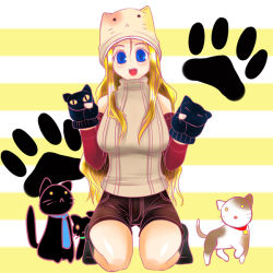 Rule 34 | blonde hair, blue eyes, cat, gloves, happy, mizuno kakeru, original, puppet, shorts, smile, solo