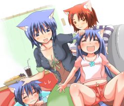 Rule 34 | 4girls, age difference, animal ears, blue eyes, blue hair, blush, breasts, cat ears, cat tail, cleavage, family, fangs, hair ornament, hairclip, happy, long hair, medium breasts, mother and daughter, multiple girls, navel, original, headpat, red eyes, red hair, shiina you (tomoshibi), short hair, shorts, siblings, sisters, small breasts, striped, tail, underboob