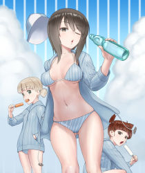 Rule 34 | 10s, 3girls, ;o, aki (girls und panzer), bikini, blonde hair, blue bikini, blue jacket, bottle, braid, breasts, breasts apart, brown eyes, brown hair, diagonal-striped bikini, diagonal-striped clothes, eating, finnish text, food, girls und panzer, gluteal fold, green eyes, hand in pocket, hat, holding, holding bottle, holding food, jacket, long hair, long sleeves, medium breasts, mika (girls und panzer), mikko (girls und panzer), mouth hold, multiple girls, navel, no pants, one eye closed, open clothes, open jacket, open mouth, popsicle, ramune, red hair, squatting, striped bikini, striped clothes, striped jacket, swimsuit, track jacket, twin braids, vertical-striped bikini, vertical-striped clothes, wata do chinkuru