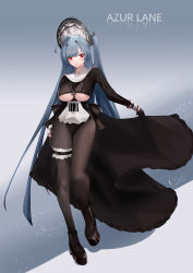 Rule 34 | 1girl, absurdres, azur lane, black dress, black gloves, black pantyhose, blue hair, boots, breasts, clothing cutout, copyright name, cross hair ornament, dress, frilled straps, full body, gloves, grey background, hair ornament, highres, large breasts, long hair, looking at viewer, marco polo (azur lane), marco polo (the queen of hearts) (azur lane), official alternate costume, pantyhose, platform boots, platform footwear, red eyes, risona, showgirl skirt, simple background, thigh strap, underboob, underboob cutout, very long hair