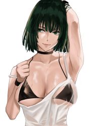Rule 34 | 1girl, arm up, armpits, bikini, black bikini, black choker, blunt bangs, breasts, choker, cleavage, closed mouth, collarbone, female focus, fubuki (one-punch man), green eyes, green hair, hand in own hair, hand on own chest, highres, j@ck, large breasts, looking away, looking to the side, matching hair/eyes, one-punch man, see-through, shirt, short hair, simple background, skindentation, smile, solo, sweatband, swimsuit, tank top, underboob, upper body, wet, wet clothes, wet shirt, white background