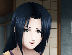 Rule 34 | 1girl, architecture, black eyes, black hair, blue hair, east asian architecture, grey eyes, indoors, mature female, naruto, naruto (series), portrait, smile, solo, uchiha mikoto