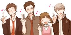 Rule 34 | 1girl, 3boys, :d, adachi tooru, atlus, doujima nanako, doujima ryoutarou, father and daughter, gakuran, grin, long sleeves, looking at viewer, multiple boys, musical note, narukami yuu, open mouth, persona, persona 4, school uniform, silver hair, simple background, smile, teeth, white background