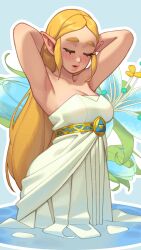 Rule 34 | 1girl, armpits, arms behind head, arms up, bare shoulders, blonde hair, blush, breasts, cleavage, highres, jewelry, long hair, medium breasts, nintendo, official alternate costume, official alternate hairstyle, open mouth, partially submerged, pointy ears, princess zelda, riz, sidelocks, sleeveless, solo, the legend of zelda, the legend of zelda: breath of the wild, thick eyebrows, thick lips