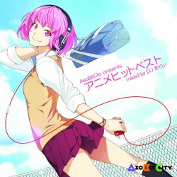 Rule 34 | 1girl, album cover, bag, black socks, blazer, bracelet, cable, cloud, cover, digital media player, dutch angle, fence, from side, headphones, holding, holding bag, holding digital media player, jacket, jewelry, legs, looking at viewer, looking back, md5 mismatch, media player interface, original, pink eyes, pink hair, poaro, resolution mismatch, school bag, school uniform, shirt, skirt, sky, sleeves rolled up, socks, solo, source larger, white shirt