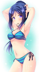 Rule 34 | 1girl, adjusting hair, armpits, arms behind head, arms up, bare arms, bare legs, bikini, blue hair, blush, breasts, cleavage, collarbone, gradient background, hairband, hands on own head, high ponytail, highres, long hair, looking at viewer, love live!, love live! school idol festival, love live! sunshine!!, matsuura kanan, medium breasts, motoasako, mouth hold, navel, purple eyes, side-tie bikini bottom, sidelocks, solo, standing, striped bikini, striped clothes, swimsuit, underboob