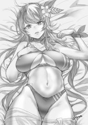 Rule 34 | 1girl, absurdres, attyon, bed sheet, bikini, breasts, covered erect nipples, flower, greyscale, hair flower, hair ornament, hairband, highres, kantai collection, large breasts, long hair, looking at viewer, lying, monochrome, official alternate costume, on back, parted lips, signature, solo, swimsuit, very long hair, washington (kancolle)