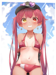 Rule 34 | 1girl, absurdres, aged down, bikini, blush, breasts, hair ribbon, hat, heterochromia, highres, hololive, houshou marine, houshou marine (summer), long hair, looking at viewer, navel, one-piece tan, open mouth, pepushi drow, red eyes, red hair, ribbon, small breasts, smile, solo, swimsuit, tan, tanline, twintails, virtual youtuber, yellow eyes