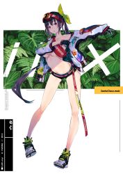 Rule 34 | 1girl, animal print, bag, bare legs, bare shoulders, belt, bird print, black gloves, black hair, black shorts, breasts, collarbone, floating hair, full body, gloves, goggles, goggles on head, green ribbon, hair ribbon, hair rings, highres, jacket, large breasts, leaf, long hair, long sleeves, looking at viewer, micro shorts, monq, navel, no bra, open clothes, open jacket, original, parted lips, ponytail, red eyes, ribbon, shoes, shorts, sidelocks, sneakers, solo, thighs, very long hair, white jacket
