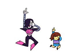 Rule 34 | 1boy, 1other, :3, androgynous, animated, animated gif, brown hair, dancing, expressionless, frisk (undertale), hair over one eye, mettaton, mettaton ex, pointing, robot, shirt, shorts, striped clothes, striped shirt, undertale, unoobang, white background