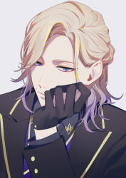 Rule 34 | 13 (bbr584607091), 1boy, arm support, black gloves, black jacket, black shirt, blonde hair, blue vest, buttons, collared shirt, commentary, frown, gloves, gold trim, gradient hair, grey background, highres, jacket, looking at viewer, male focus, multicolored hair, night raven college uniform, purple eyes, purple hair, shirt, simple background, solo, swept bangs, symbol-only commentary, twisted wonderland, upper body, vest, vil schoenheit