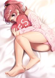 Rule 34 | 1girl, ass, bare legs, bare shoulders, barefoot, bed sheet, blush, casino (casinoep), commentary request, feet, fingernails, idolmaster, idolmaster cinderella girls, legs, long sleeves, lying, nail polish, nose blush, hugging object, off shoulder, on side, panties, pillow, pillow hug, pink nails, pink panties, pink sweater, ponytail, purple eyes, red hair, shiina noriko, sleeves past wrists, soles, solo, sweater, toenails, underwear, yes, yes-no pillow