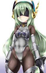 Rule 34 | 1girl, bare shoulders, black gloves, blindfold, bodysuit, collar, detached sleeves, emil chronicle online, gloves, green hair, hair ornament, hairband, highres, leotard, lock, looking at viewer, pantyhose, shimo (depthbomb), solo, thighhighs