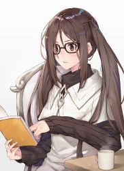 Rule 34 | 1girl, akuta hinako, black-framed eyewear, black cola, book, brown eyes, brown hair, brown shirt, capelet, chair, commentary request, cup, dress, ear piercing, earrings, fate/grand order, fate (series), fingernails, glasses, grey background, hair between eyes, highres, holding, holding book, jewelry, long hair, long sleeves, mug, on chair, open book, parted bangs, parted lips, piercing, shirt, simple background, sitting, sleeveless, sleeveless dress, sleeves past wrists, solo, steam, striped clothes, striped shirt, table, vertical-striped clothes, vertical-striped shirt, very long hair, white capelet, white dress