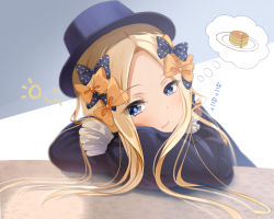 Rule 34 | 1girl, abigail williams (fate), black bow, black dress, black hat, blonde hair, blue eyes, blush, bow, dress, fate/grand order, fate (series), food, forehead, hair bow, hat, long hair, looking at viewer, multiple hair bows, open mouth, orange bow, pancake, pancake stack, parted bangs, polka dot, polka dot bow, ribbed dress, sakazakinchan, sleeves past fingers, sleeves past wrists, thought bubble