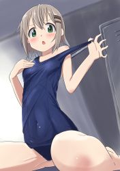 Rule 34 | 1girl, absurdres, bare arms, bare legs, bare shoulders, barefoot, blue one-piece swimsuit, blush, chestnut mouth, commentary request, covered navel, from below, green eyes, grey hair, hair ornament, hairclip, highres, indoors, kohshibasaki, locker, looking at viewer, lying on water, off shoulder, old school swimsuit, one-piece swimsuit, open mouth, school swimsuit, short hair, sitting, solo, sweatdrop, swimsuit, wariza, yama no susume, yukimura aoi