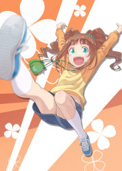 Rule 34 | 1girl, arms up, bag, blurry, blush stickers, brown hair, denim, denim skirt, depth of field, foreshortening, frog, green eyes, hair ornament, handbag, idolmaster, idolmaster (classic), miniskirt, mofu (mof swimradio), open mouth, outstretched arms, shoes, short hair, short twintails, skirt, smile, sneakers, socks, solo, takatsuki yayoi, twintails, white socks